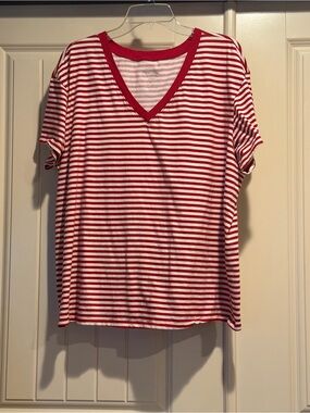 Heritage by Torrid Red and White Striped V-Neck Jersey Top